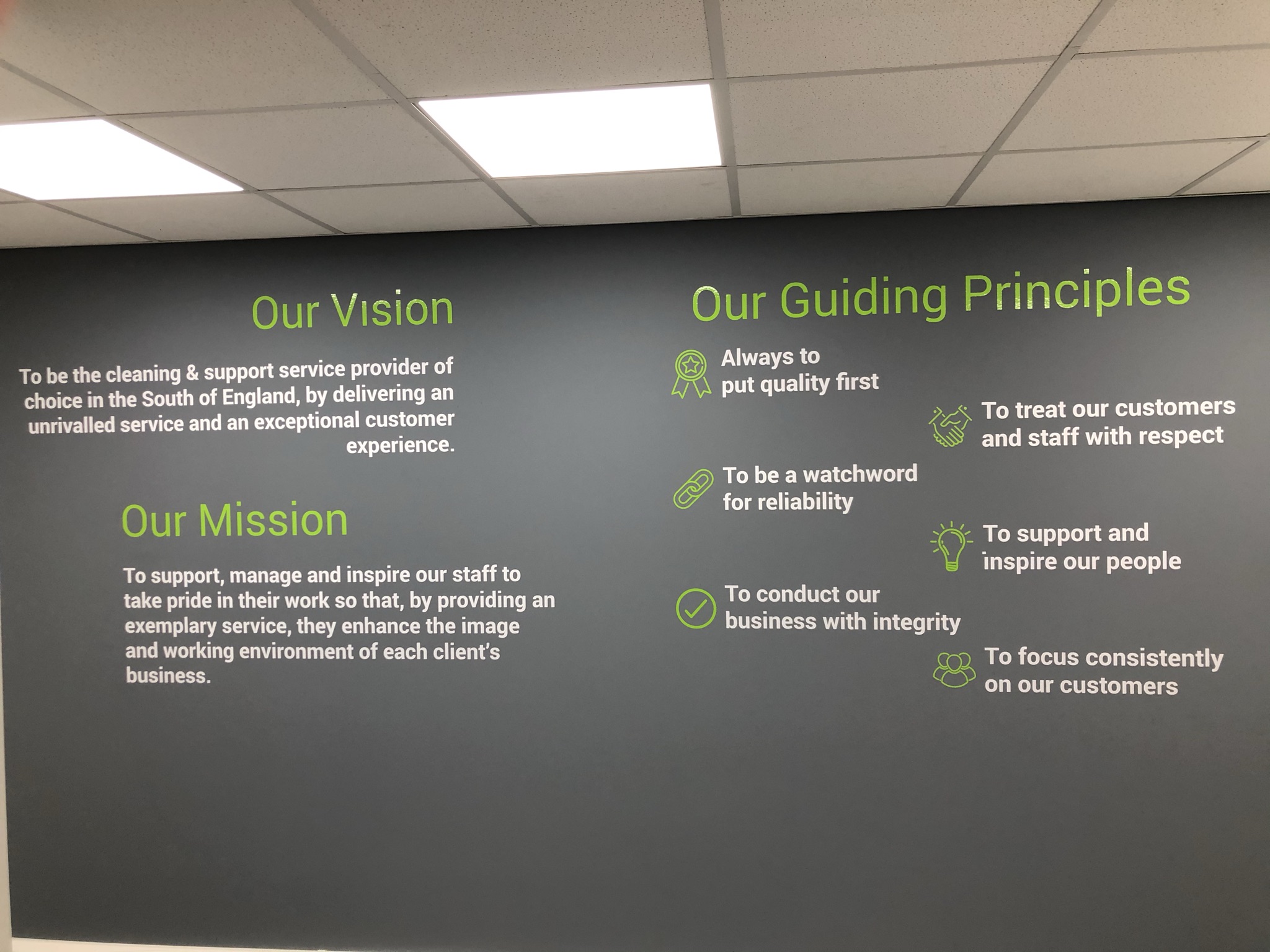 Painted wall with company values written on it