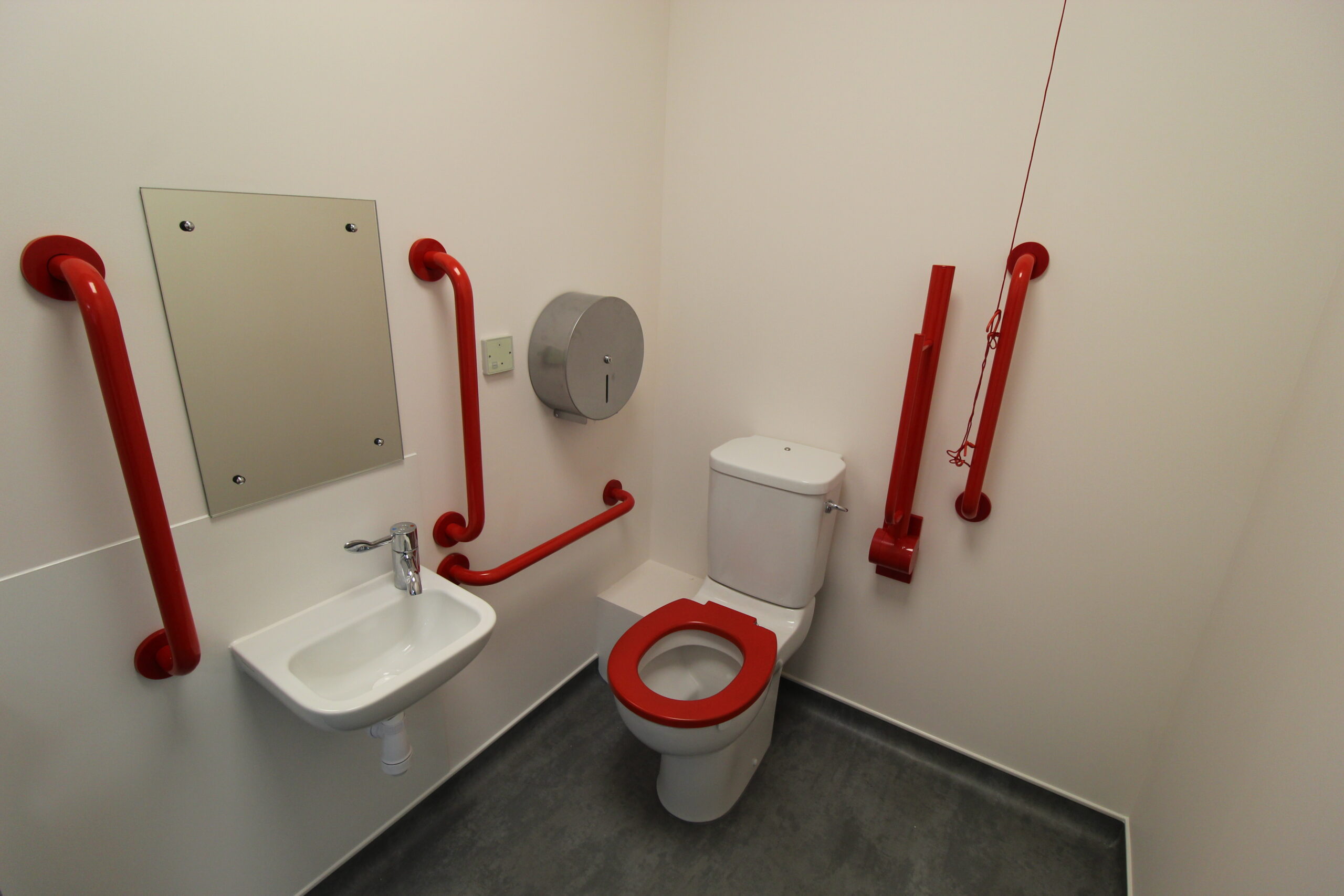 Disabled toilet and hand basin with red handrails