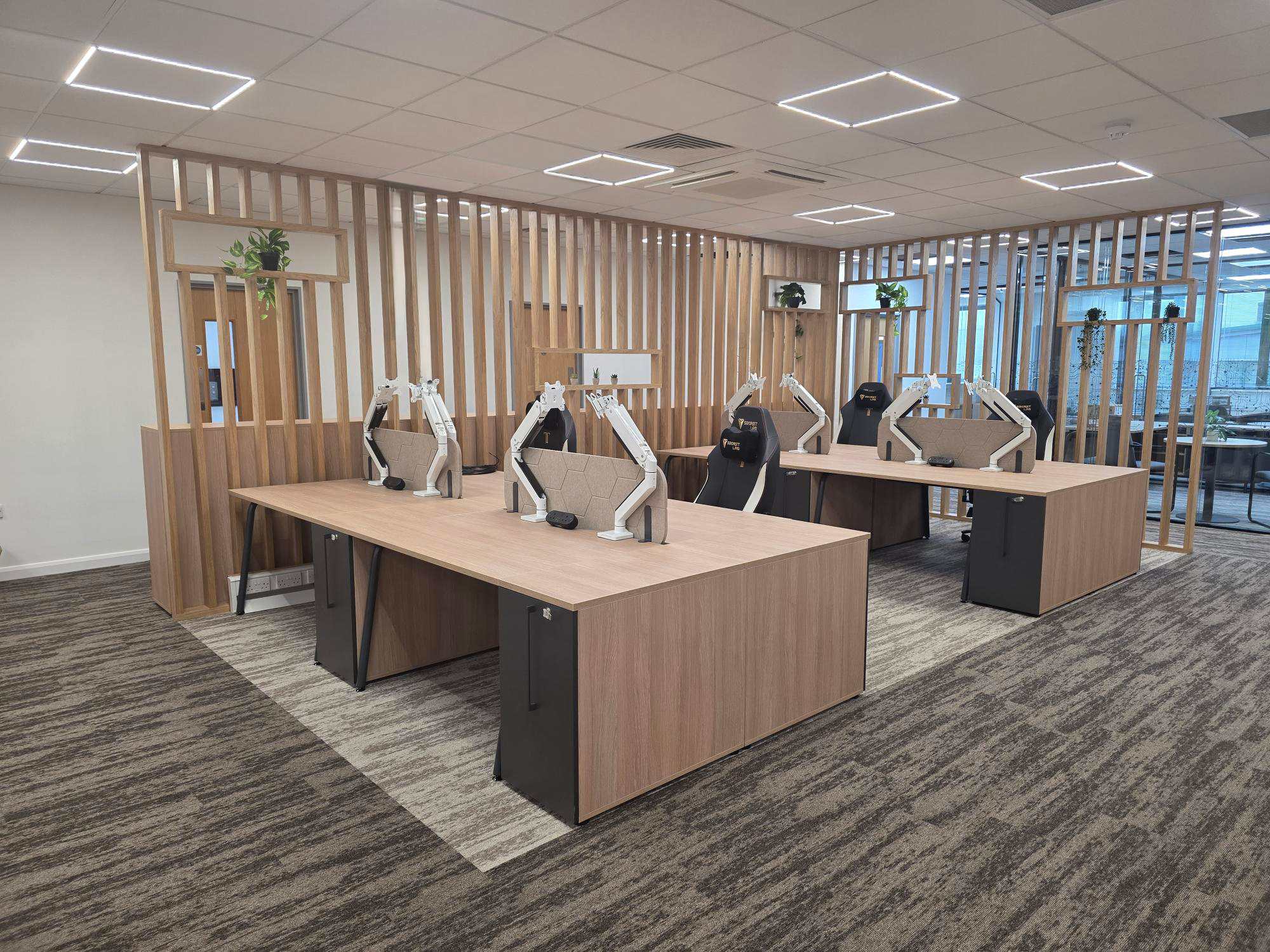 Open plan office with timber slatting to divide space.